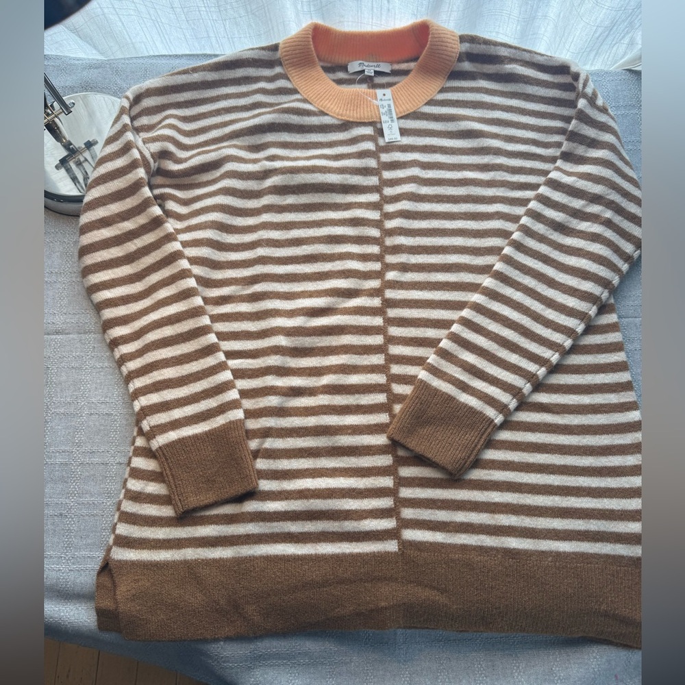Madewell Brown and Cream Striped Sweater with Orange Collar